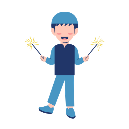 Muslim Boy with Fireworks  Illustration