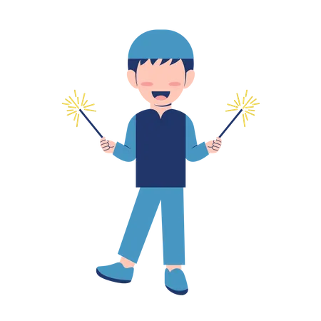 Muslim Boy with Fireworks  Illustration