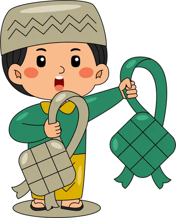 ラマダンの飾りをつけたイスラム教徒の少年  イラスト