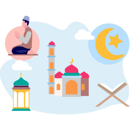 Muslim boy worshiping Ramadan  Illustration