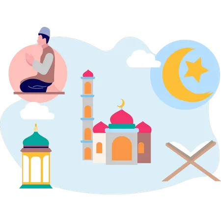 Muslim boy worshiping Ramadan  Illustration