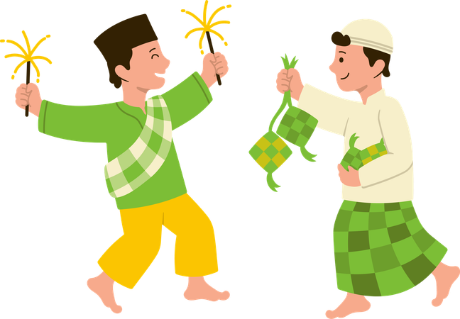 Muslim boys celebrating Eid festival with ketupat  Illustration