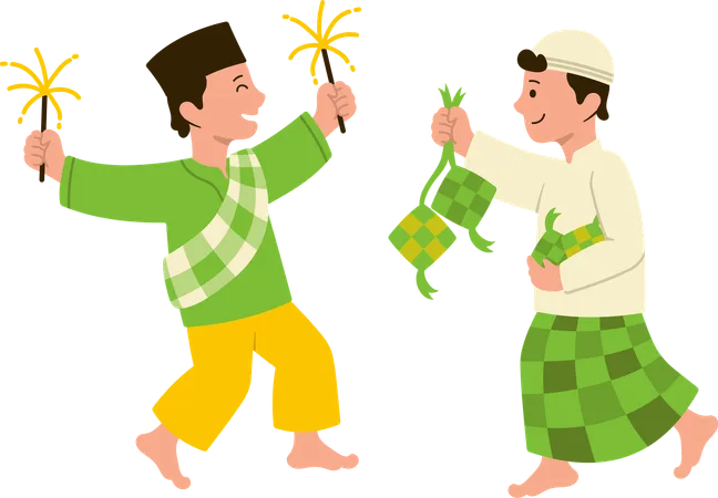 Muslim boys celebrating Eid festival with ketupat  Illustration