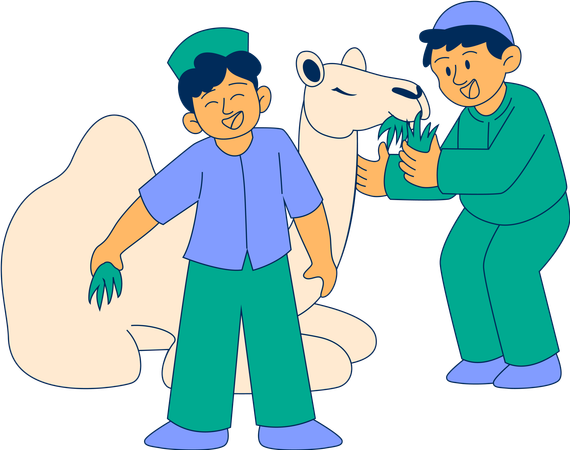 Muslim boys feeding camel  Illustration