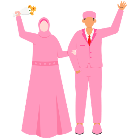 Muslim Bridal Couple Taking Pre-Wedding Photos  Illustration