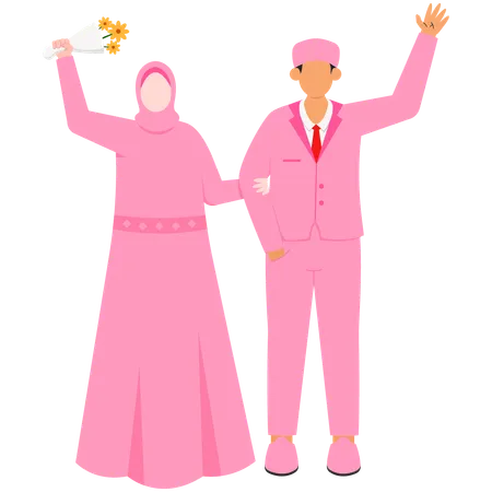 Muslim Bridal Couple Taking Pre-Wedding Photos  Illustration