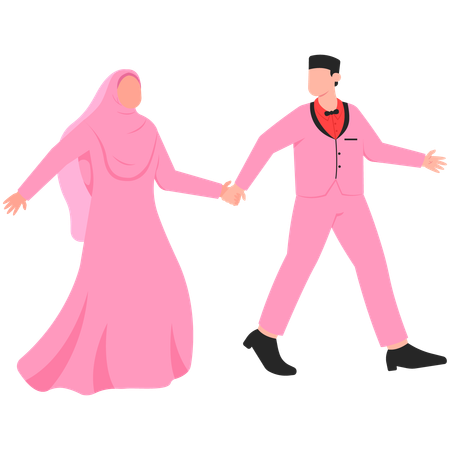 Muslim Bride and Groom Holding Hands While Walking  Illustration