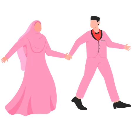 Muslim Bride and Groom Holding Hands While Walking  Illustration