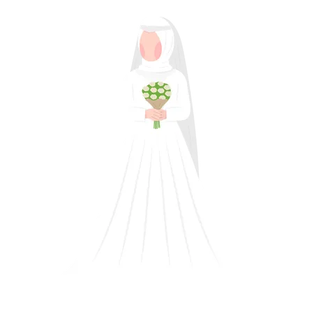 Muslim bride standing while holding flower bouquet  Illustration