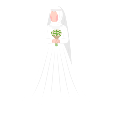 Muslim bride standing while holding flower bouquet  Illustration