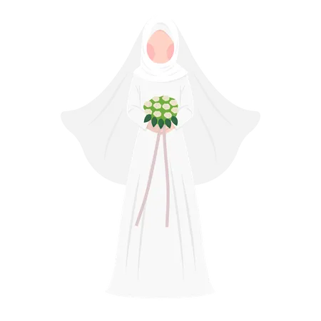 Muslim bride standing with flower bouquet  Illustration