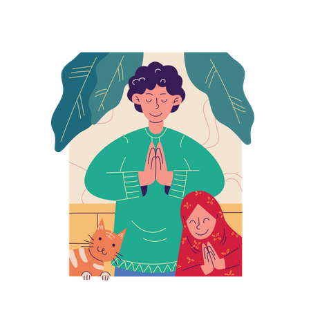 Muslim brother and sister give greetings  Illustration