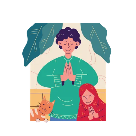 Muslim brother and sister give greetings  Illustration