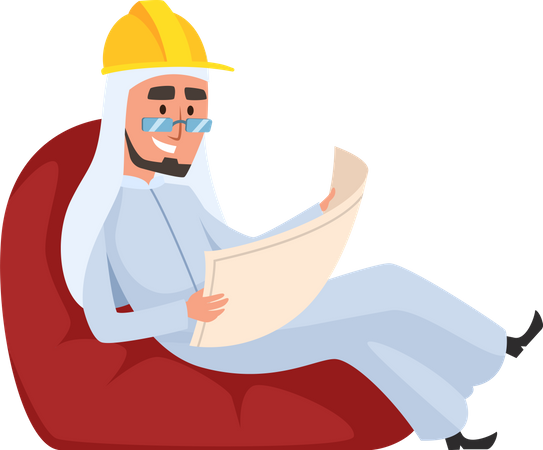 Muslim builder looking building plan  Illustration
