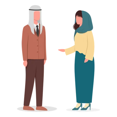 Muslim Woman And Man Talk To Each Other Arabian Business Man Wearing Traditional Clothes Woman Wearing Hijab Islam Religion Isolated Vector Illustration Illustration