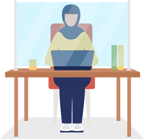 Worker With Shield On Desk Semi Flat Color Vector Character Sitting Figure Full Body Person On White After Covid Isolated Modern Cartoon Style Illustration For Graphic Design And Animation Illustration