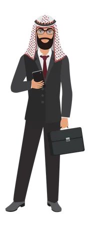 Muslim businessman holding mobile and bag  Illustration