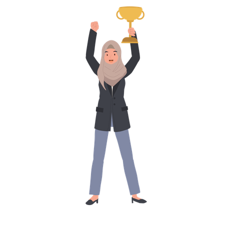 Muslim Businesswoman Celebrating Success with Trophy in Hand  Illustration