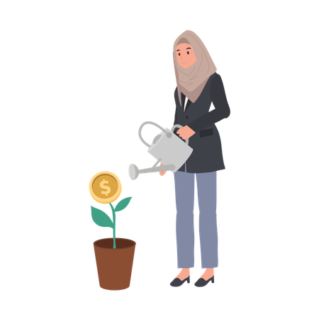 Muslim businesswoman Growth with Profitable Plant Tree  Illustration
