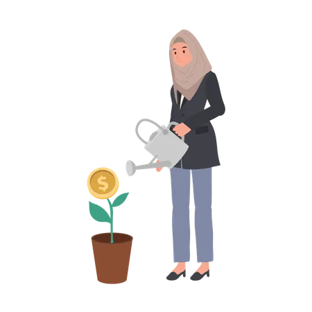 Muslim businesswoman Growth with Profitable Plant Tree  Illustration