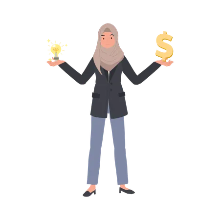 Muslim Businesswoman Holding Money and Ideas in both hands  Illustration