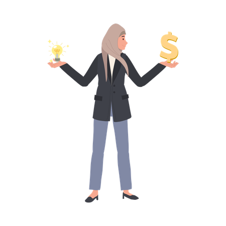 Muslim Businesswoman Holding Money and Ideas in both hands  Illustration