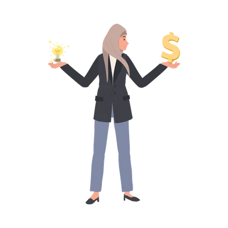 Finance And Innovation In Business Concept Muslim Businesswoman Holding Money And Ideas In Both Hands Illustration