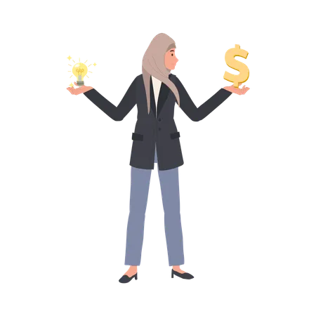 Muslim Businesswoman Holding Money and Ideas in both hands  Illustration