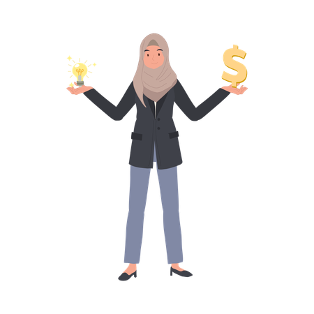 Muslim Businesswoman Holding Money and Ideas in both hands  Illustration