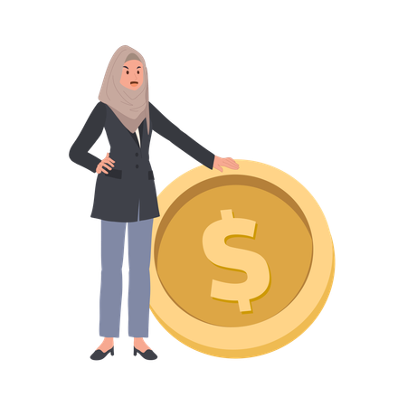 Muslim Businesswoman Standing Near Big Golden Coin  Illustration