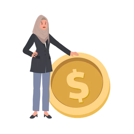 Muslim Businesswoman Standing Near Big Golden Coin  Illustration