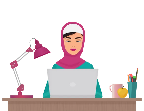 Muslim businesswoman working on laptop  Illustration
