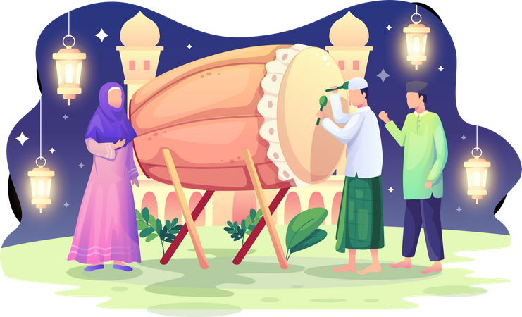 Muslim celebrate Ramadan Kareem with bedug Illustration
