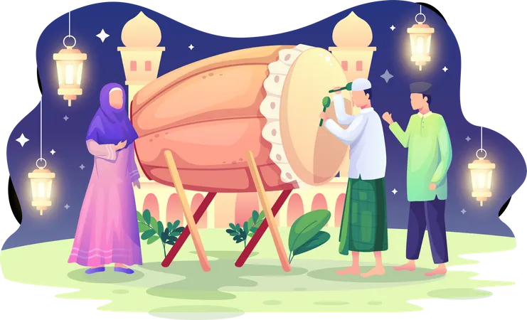 Muslim celebrate Ramadan Kareem with bedug  Illustration