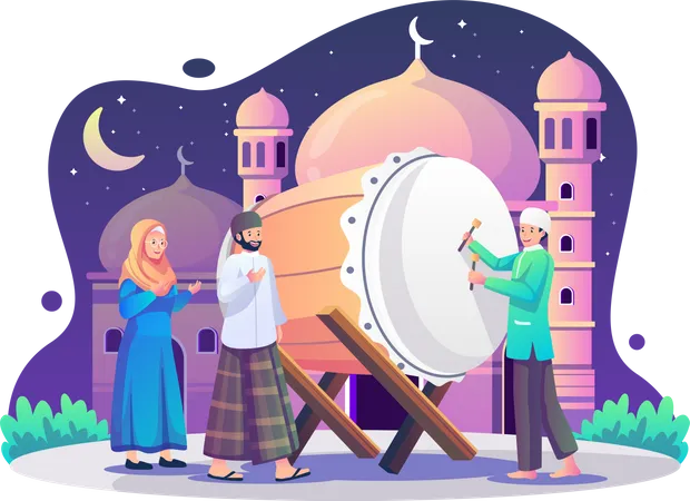 Muslim celebrate Ramadan Kareem with bedug  Illustration