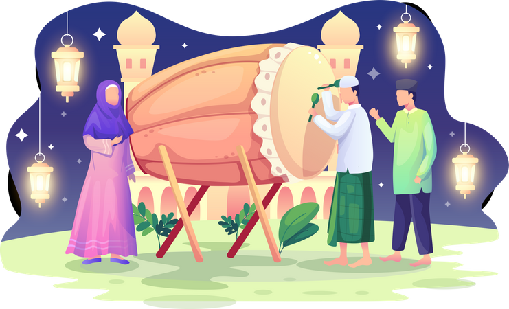 Muslim celebrate Ramadan Kareem with bedug  Illustration