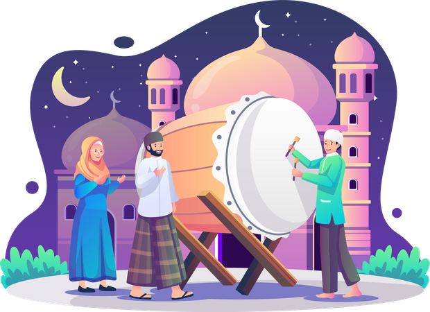 Muslim celebrate Ramadan Kareem with bedug  Illustration