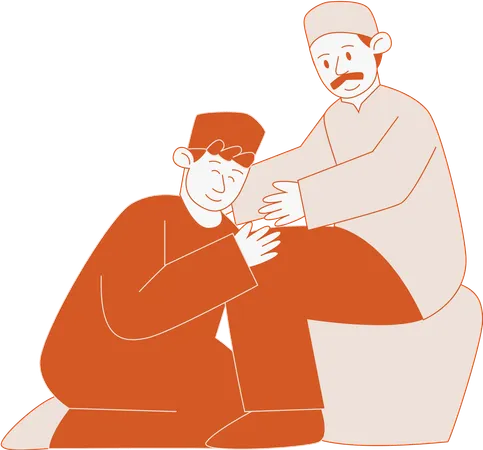 Muslim child apologizes to father by sitting down  Illustration