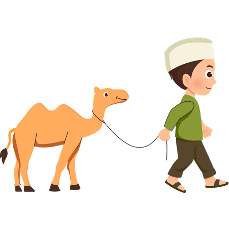 Muslim child carrying a camel  Illustration