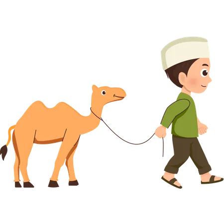 Muslim child carrying a camel  Illustration