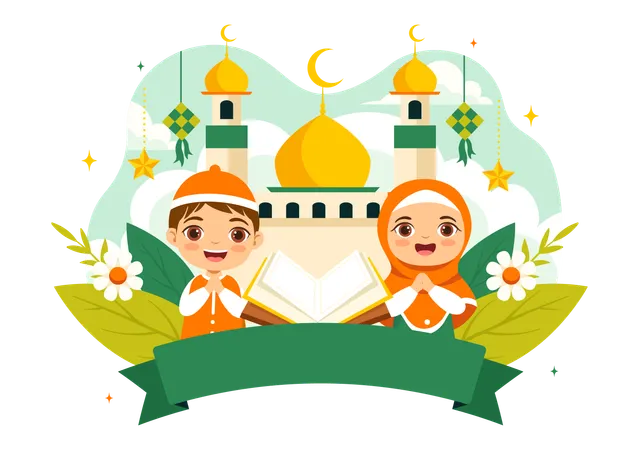 Muslim child celebrating Eid Al-Fitr  Illustration