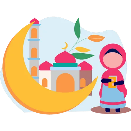 The Child Is Standing Near The Mosque Illustration