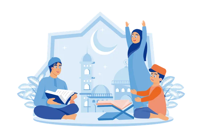 Muslim Children Happy To Welcome Ramadan  Illustration