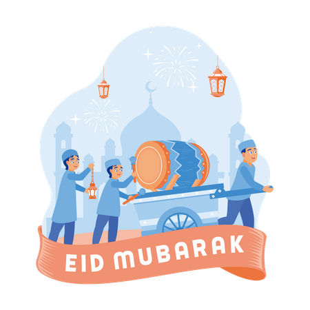Muslim Children On The Eve Of Eid Al Fitr Hold Takbiran  Illustration