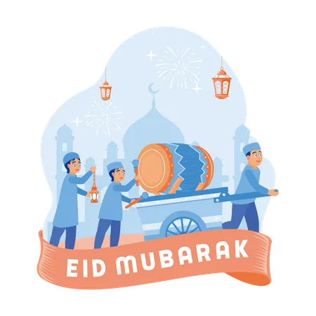 Muslim Children On The Eve Of Eid Al Fitr Hold Takbiran  Illustration