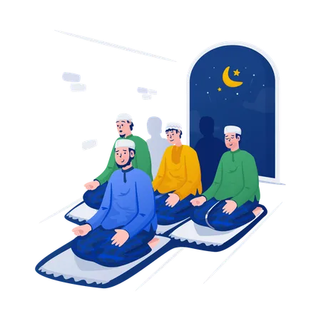 Illustration Of Muslims Praying Together At Mosque Islamic Congregational Worship Illustration