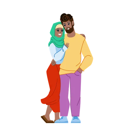 Muslim Couple Vector Arab Man Woman Hijab Family Young Wife Husband Muslim Couple Character People Flat Cartoon Illustration Illustration