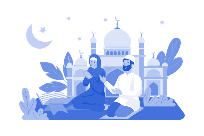 Muslim Couple Are Reading Al Quran In Front Of Mosque  Illustration