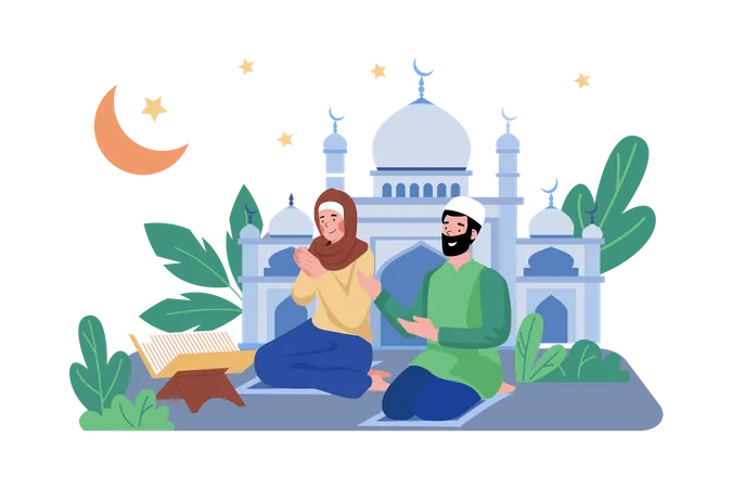 Muslim Couple Are Reading Al Quran In Front Of Mosque Illustration