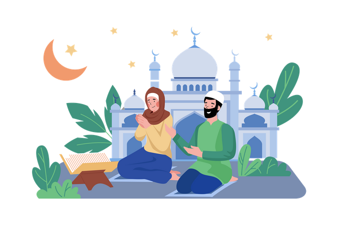 Muslim Couple Are Reading Al Quran In Front Of Mosque  Illustration